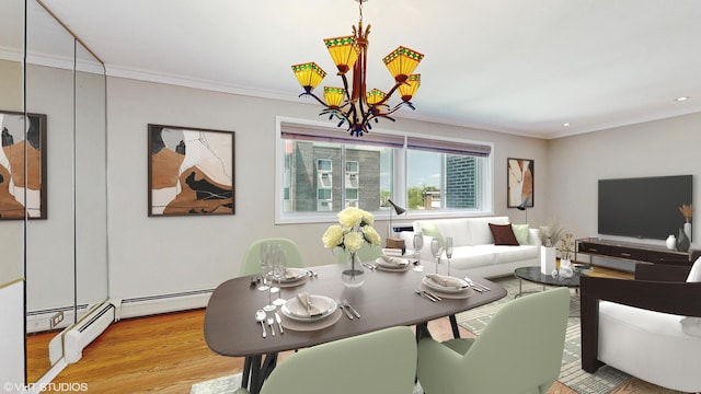 4700 Old Orchard Rd Unit 310, Skokie, IL 60076 - dining room featuring a chandelier, ornamental molding, a baseboard radiator, light wood-style floors, and recessed lighting
