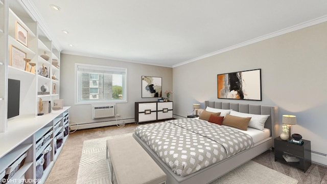 4700 Old Orchard Rd Unit 310, Skokie, IL 60076 - carpeted bedroom featuring ornamental molding, a baseboard heating unit, and recessed lighting