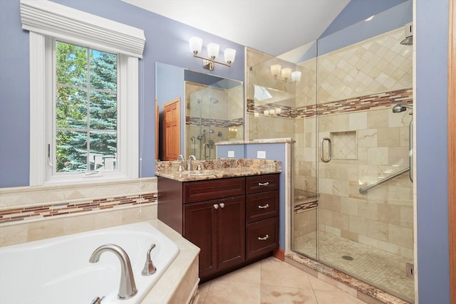 6443 Davane Ct, Downers Grove, IL 60516 - bathroom with a garden tub, vaulted ceiling, a stall shower, vanity, and tile patterned flooring