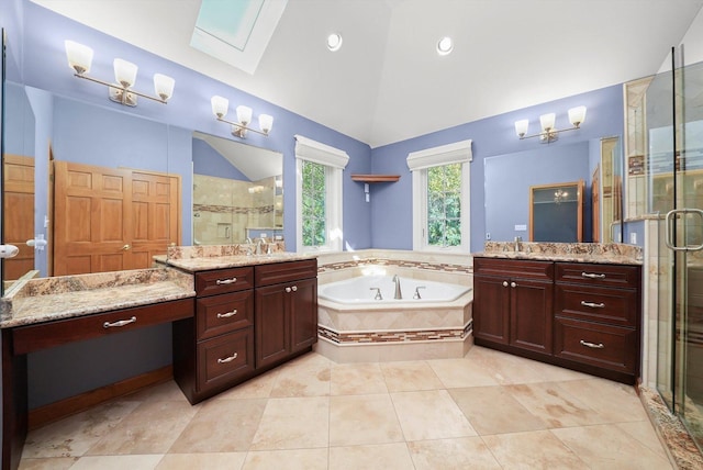 6443 Davane Ct, Downers Grove, IL 60516 - bathroom with a shower stall, a skylight, a bath, two vanities, and tile patterned flooring