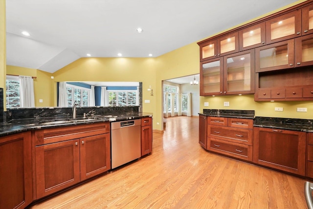 6443 Davane Ct, Downers Grove, IL 60516 - kitchen with stainless steel dishwasher, light wood finished floors, dark stone countertops, glass insert cabinets, and recessed lighting