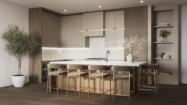 3037 N Lincoln Ave Unit Ph-04, Chicago, IL 60657 - kitchen featuring decorative backsplash, light countertops, a breakfast bar, dark wood finished floors, and recessed lighting