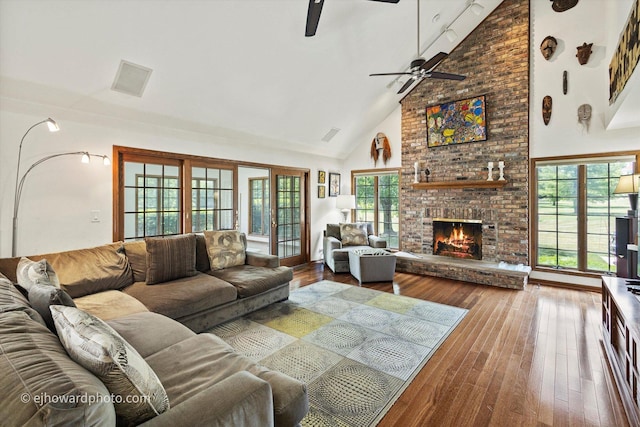 3250 Platte Trl, Olympia Fields, IL 60461 - living room with high vaulted ceiling, ceiling fan, wood-type flooring, and a fireplace