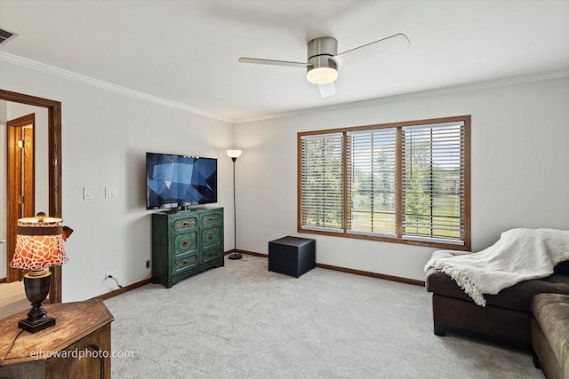 3250 Platte Trl, Olympia Fields, IL 60461 - living room with crown molding, light carpet, and ceiling fan