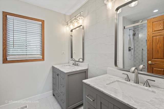 3250 Platte Trl, Olympia Fields, IL 60461 - bathroom with two vanities, a stall shower, and marble look tiles