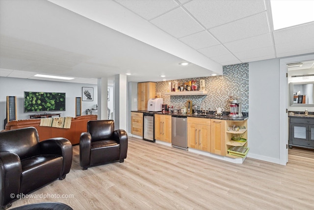 3250 Platte Trl, Olympia Fields, IL 60461 - indoor wet bar with stainless steel dishwasher, light wood-type flooring, beverage cooler, backsplash, and recessed lighting