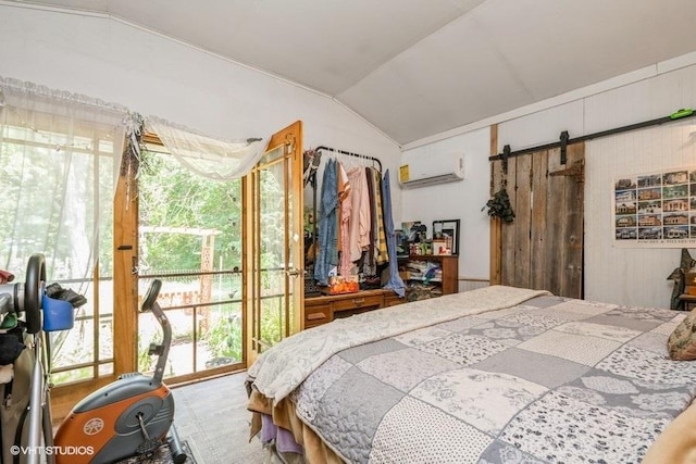 8316 Howe Rd, Wonder Lake, IL 60097 - bedroom with an AC wall unit, lofted ceiling, and a barn door