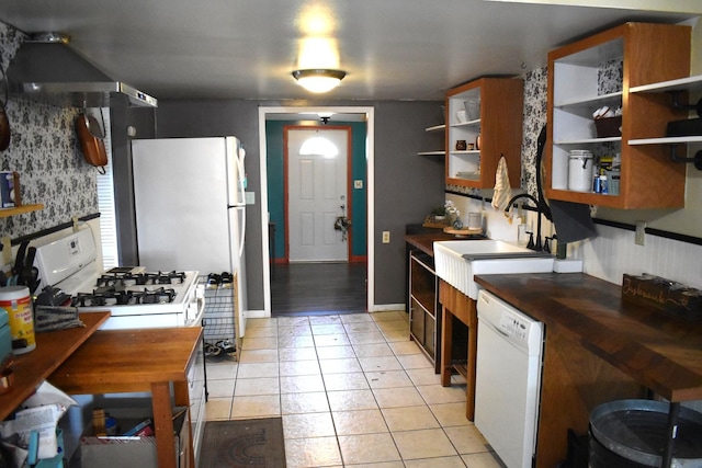 2503 Gaylord Rd, Joliet, IL 60435 - kitchen featuring white appliances, light tile patterned floors, open shelves, and wooden counters