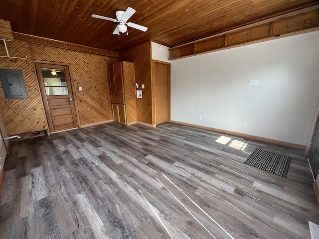 205 N Chicago St, Magnolia, IL 61336 - unfurnished living room featuring electric panel, wood walls, ceiling fan, wood ceiling, and wood finished floors