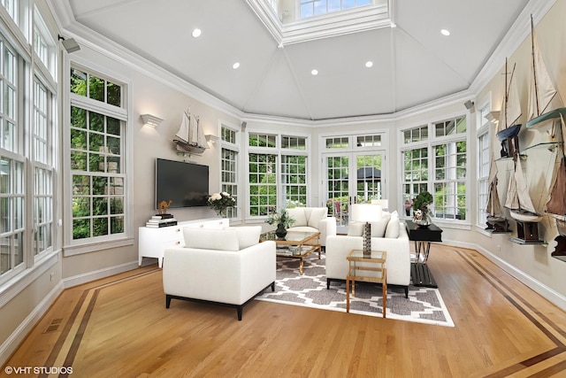 500 E Mayfair Rd, Arlington Heights, IL 60005 - living room with plenty of natural light, light wood-style flooring, vaulted ceiling, crown molding, and recessed lighting