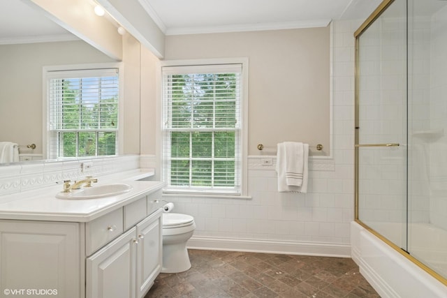 500 E Mayfair Rd, Arlington Heights, IL 60005 - full bath featuring vanity, plenty of natural light, enclosed tub / shower combo, tile walls, and ornamental molding