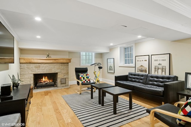 500 E Mayfair Rd, Arlington Heights, IL 60005 - living room with ornamental molding, light wood-style floors, a fireplace, and recessed lighting