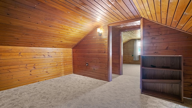 8033 S Pine St, Dixon, IL 61021 - additional living space featuring wooden walls, wood ceiling, carpet flooring, and lofted ceiling