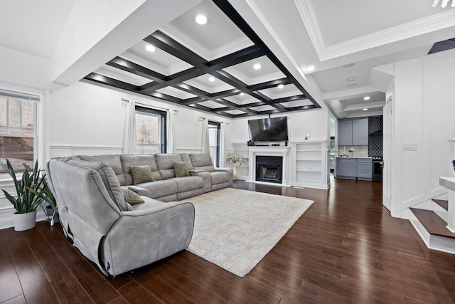 3330 E Ave, Berwyn, IL 60402 - living room with beam ceiling, dark wood-style floors, crown molding, a fireplace with flush hearth, and coffered ceiling