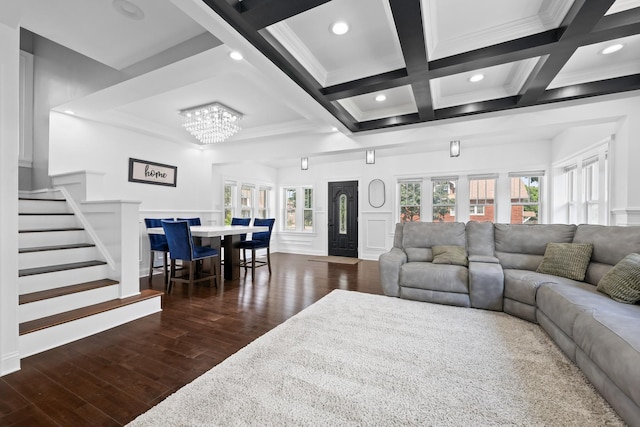 3330 E Ave, Berwyn, IL 60402 - living area with crown molding, wood finished floors, a chandelier, coffered ceiling, and stairs