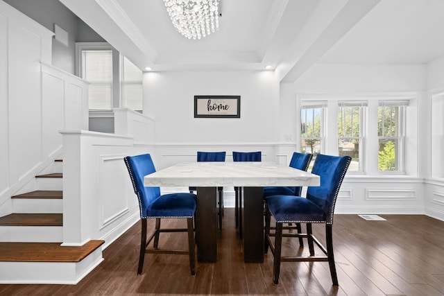 3330 E Ave, Berwyn, IL 60402 - dining space with a decorative wall, dark wood finished floors, ornamental molding, a chandelier, and a raised ceiling