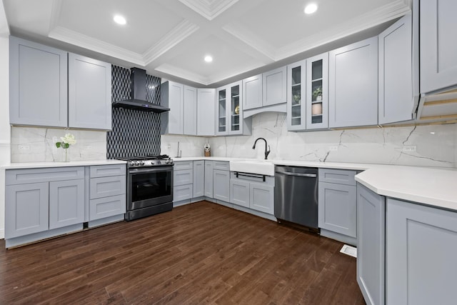 3330 E Ave, Berwyn, IL 60402 - kitchen featuring stainless steel appliances, wall chimney exhaust hood, beam ceiling, glass insert cabinets, and dark wood finished floors