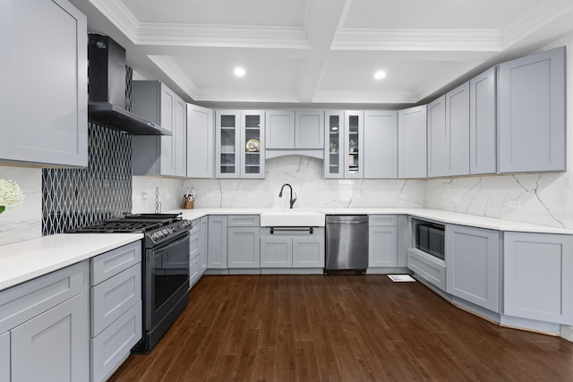 3330 E Ave, Berwyn, IL 60402 - kitchen with wall chimney range hood, dishwasher, black range with gas stovetop, dark wood-type flooring, and built in microwave