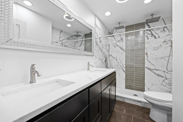 3330 E Ave, Berwyn, IL 60402 - bathroom featuring recessed lighting, double vanity, a marble finish shower, and tile patterned flooring
