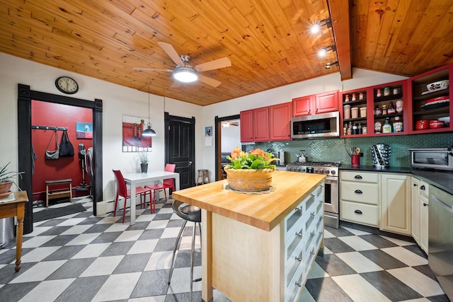 7246 N Oleander Ave, Chicago, IL 60631 - kitchen featuring stainless steel appliances, dark floors, butcher block counters, a baseboard radiator, and wood ceiling