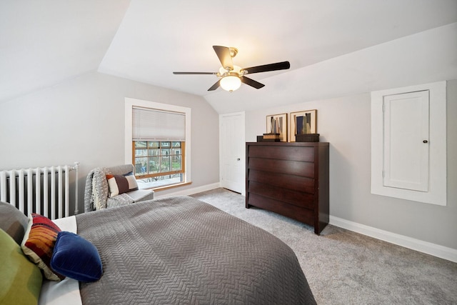 7246 N Oleander Ave, Chicago, IL 60631 - bedroom featuring radiator, light colored carpet, lofted ceiling, and ceiling fan