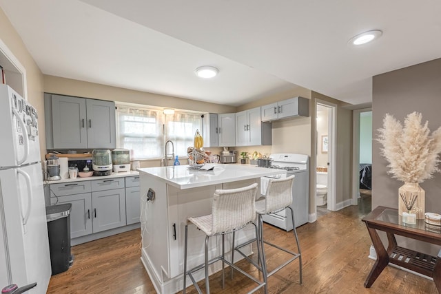 4918 S Luna Ave, Chicago, IL 60638 - kitchen with white appliances, gray cabinets, wood finished floors, light countertops, and a kitchen bar