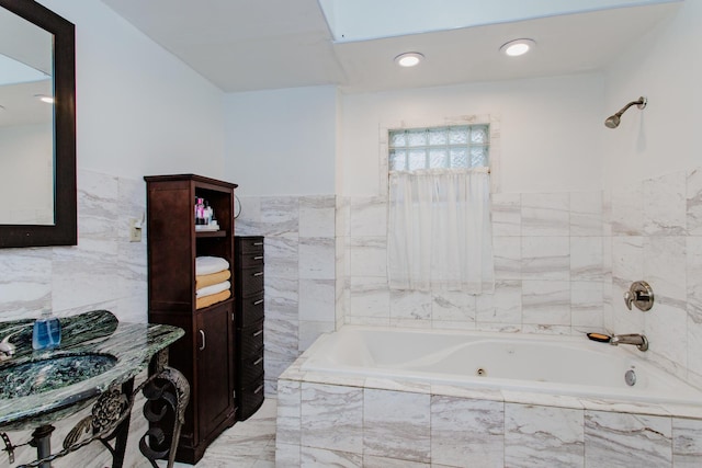 1318 N Menard Ave, Chicago, IL 60651 - bathroom featuring tile walls, vanity, recessed lighting, and wainscoting