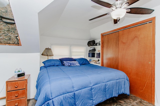 1318 N Menard Ave, Chicago, IL 60651 - bedroom featuring a closet, vaulted ceiling, and a ceiling fan