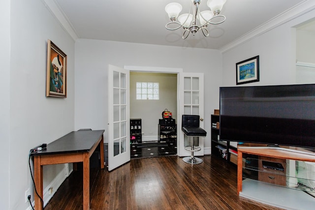 1318 N Menard Ave, Chicago, IL 60651 - office area featuring french doors, wood finished floors, a chandelier, and crown molding