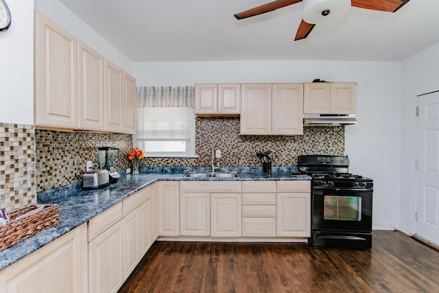 1318 N Menard Ave, Chicago, IL 60651 - kitchen featuring black range with gas cooktop, under cabinet range hood, ceiling fan, and dark wood-style floors