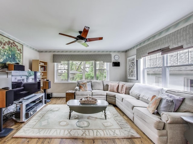 125 Thatcher Ave, River Forest, IL 60305 - living room with a ceiling fan, wood finished floors, and ornamental molding