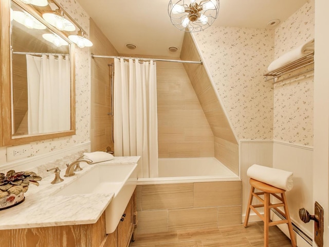 125 Thatcher Ave, River Forest, IL 60305 - full bathroom featuring wallpapered walls, tiled shower / bath combo, vanity, and a wainscoted wall