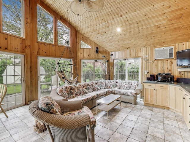 125 Thatcher Ave, River Forest, IL 60305 - living area featuring high vaulted ceiling, healthy amount of natural light, wooden walls, wooden ceiling, and a wall mounted AC