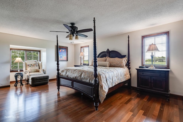 10766 E 7000n Rd, Grant Park, IL 60940 - bedroom featuring dark wood-style flooring, multiple windows, a textured ceiling, and ceiling fan