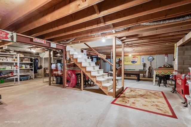 10766 E 7000n Rd, Grant Park, IL 60940 - unfinished basement featuring billiards and stairs