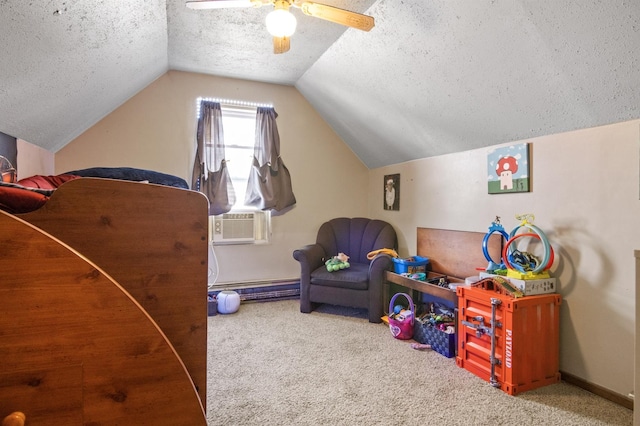 116 S Harold Ave, Northlake, IL 60164 - rec room featuring carpet floors, a textured ceiling, vaulted ceiling, ceiling fan, and cooling unit
