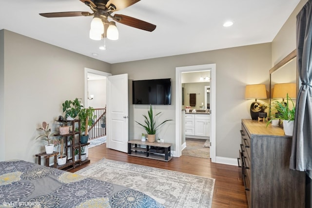 3109 N Oketo Ave, Chicago, IL 60707 - bedroom with dark wood-type flooring, recessed lighting, ensuite bath, and ceiling fan