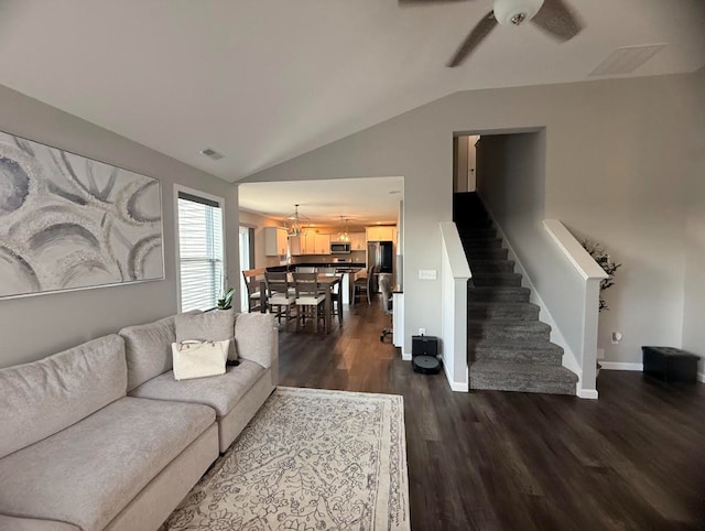 3938 Summer Sage Ct, Champaign, IL 61822 - living room with dark wood-type flooring, lofted ceiling, stairs, and a ceiling fan