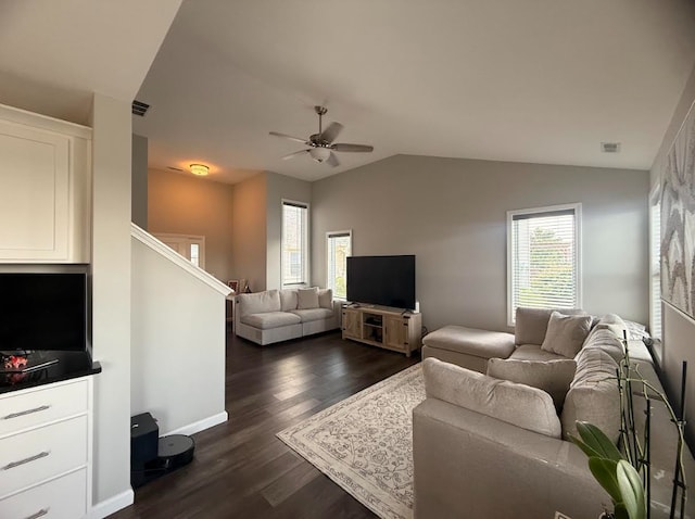 3938 Summer Sage Ct, Champaign, IL 61822 - living room with dark wood finished floors, a ceiling fan, lofted ceiling, and stairway