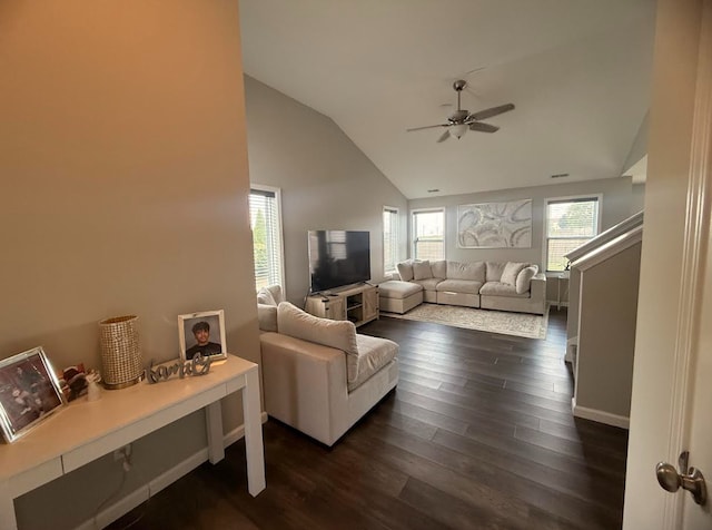 3938 Summer Sage Ct, Champaign, IL 61822 - living area featuring a ceiling fan, vaulted ceiling, and dark wood-type flooring