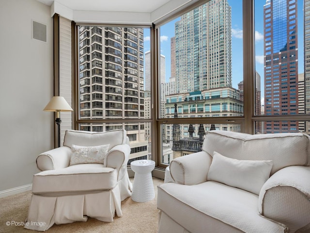 21 E Huron St Unit 1106, Chicago, IL 60611 - living area featuring carpet flooring, a view of city, expansive windows, and a baseboard radiator