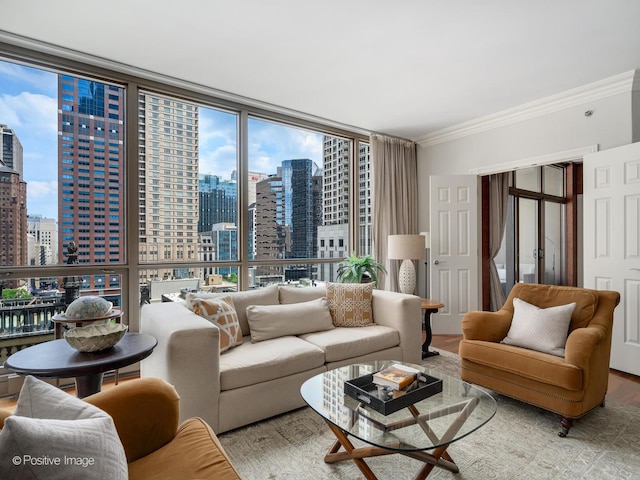 21 E Huron St Unit 1106, Chicago, IL 60611 - living area featuring a view of skyline, floor to ceiling windows, ornamental molding, and wood finished floors