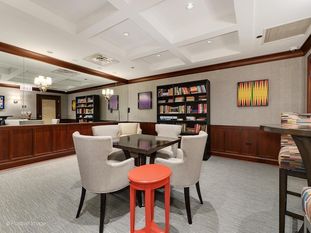 21 E Huron St Unit 1106, Chicago, IL 60611 - carpeted dining room featuring coffered ceiling, a wainscoted wall, beam ceiling, and a chandelier