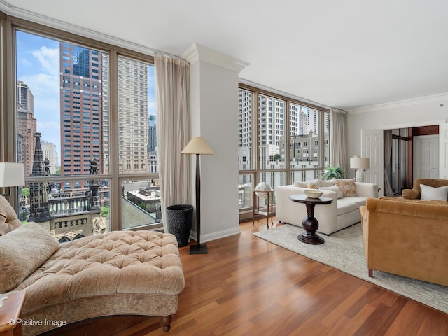 21 E Huron St Unit 1106, Chicago, IL 60611 - living area featuring a wall of windows, a city view, wood finished floors, and ornamental molding