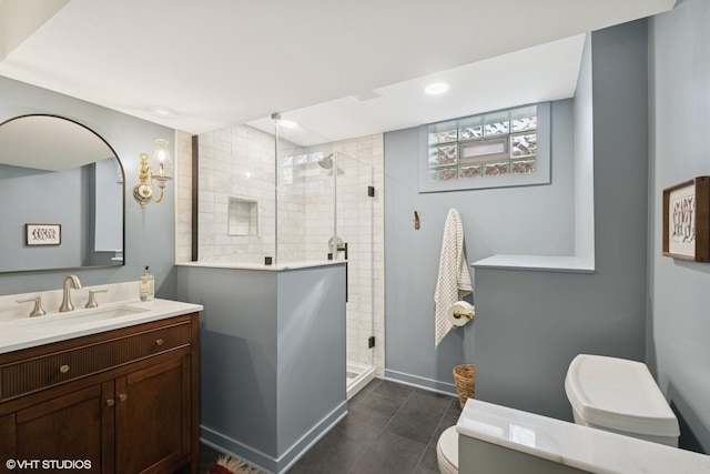 1 E Milburn Ave, Mount Prospect, IL 60056 - full bath with vanity, a stall shower, tile patterned floors, and recessed lighting