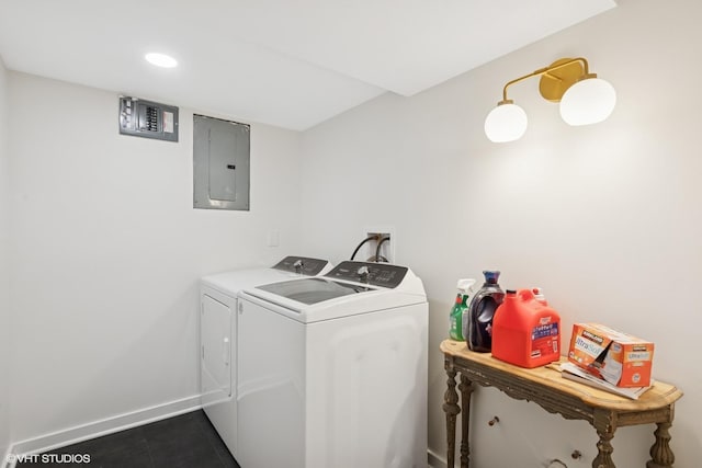 1 E Milburn Ave, Mount Prospect, IL 60056 - laundry room with electric panel, washing machine and dryer, dark tile patterned flooring, and recessed lighting