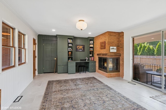 1 E Milburn Ave, Mount Prospect, IL 60056 - home office with ornamental molding, light tile patterned floors, a fireplace, recessed lighting, and wooden walls