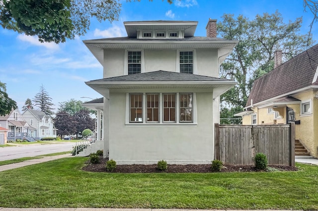 619 N 4th Ave, Maywood, IL 60153 - view of front of house with stucco siding, stairs, a chimney, and a shingled roof