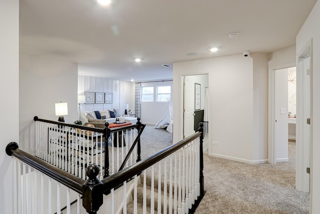 458 Bower Ln, Oswego, IL 60543 - hallway with an upstairs landing, carpet flooring, and recessed lighting