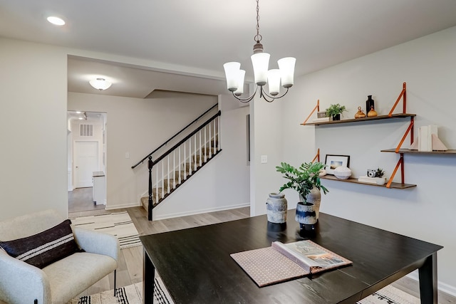 458 Bower Ln, Oswego, IL 60543 - dining area with stairs, light wood-style floors, a chandelier, and recessed lighting